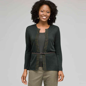 Belted Cardigan With Studs-Green-0