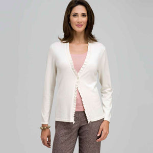 Long Sleeve Ruffle Front Trim Cardigan-White-0