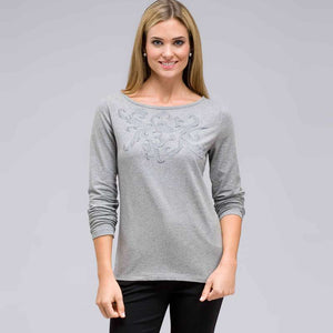 Long Sleeve Embellished Boat Neck Top-White-0