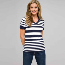 Load image into Gallery viewer, Striped Sleeve V-Neck Roll Cuff Tee-Green-0