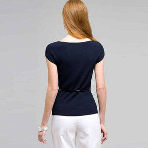 Belted Boat Neck Sleeve Top-Green-1